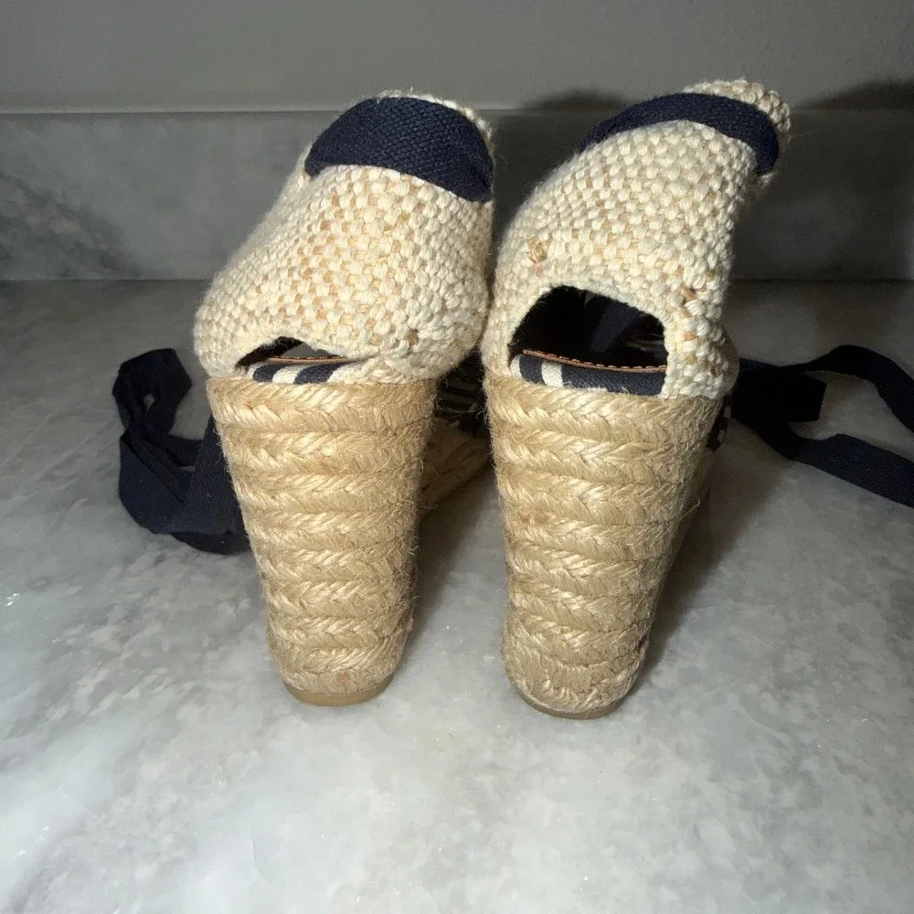 Tory‎ Burch Navy Geometric Logo Canvas Ankle Tie Espadrille Wedge Sandals 36